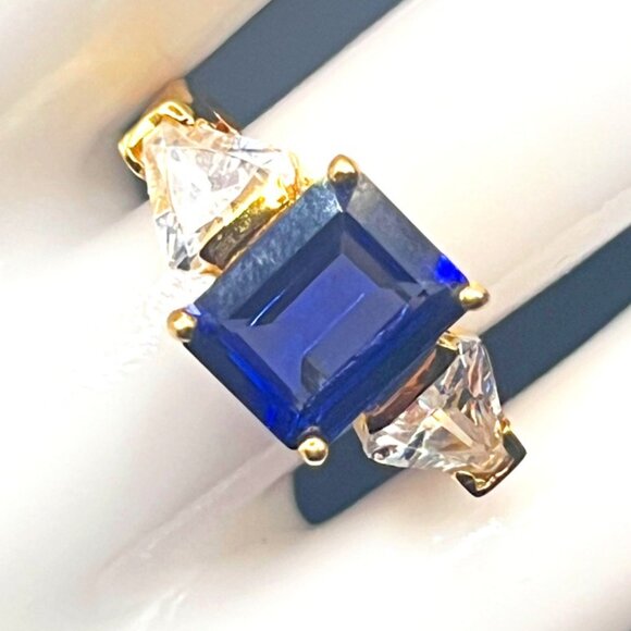 Jewelry - Vintage Blue Sapphire Ring With Cubic Zirconia Gold-Plated Sterling Silver
